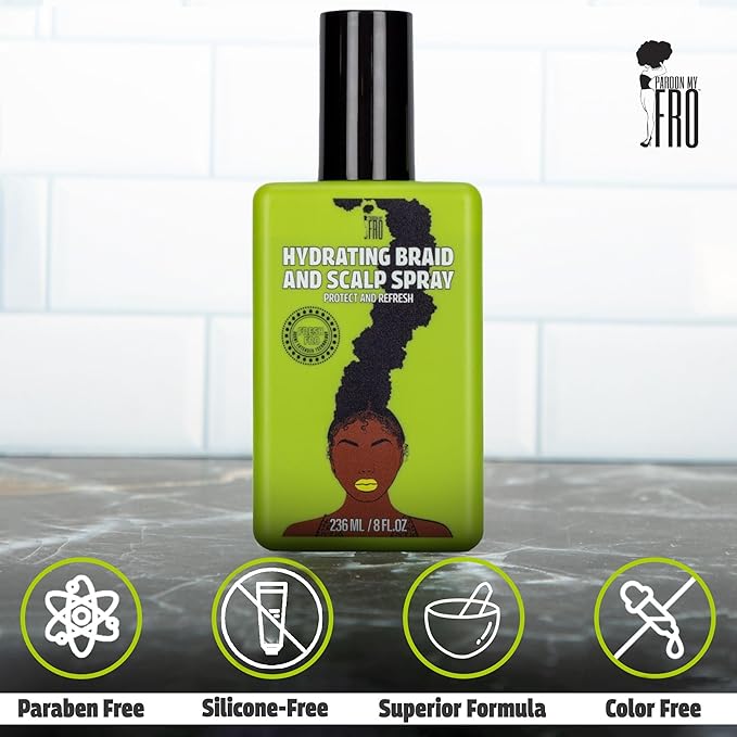 Pardon My Fro Braid & Scalp Hydrating Spray – Moisturizing Scalp Health Treatment for Dry, Itchy Scalp, Hair Hydration, Non-Oily Leave-In Spray for Women, Hyaluronic Acid Infused Hair Care Solution.