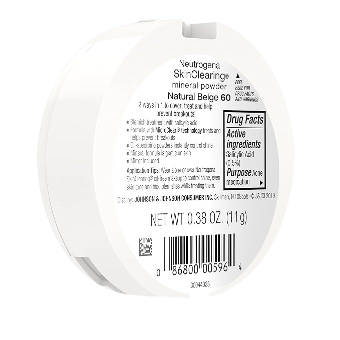 Neutrogena SkinClearing Mineral Acne-Concealing Pressed Powder Compact, Shine-Free & Oil-Absorbing Makeup with Salicylic Acid to Cover, Treat & Prevent Breakouts, Natural Beige 60,.38 oz (Pack of 2)