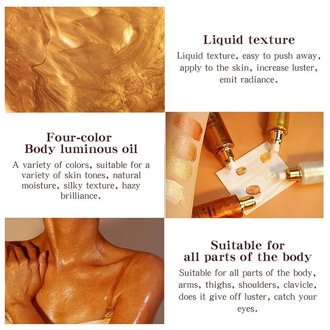 Shimmer Body Oil, Highlighter Makeup Smooth Glitter Glow Liquid Foundation for Face & Body,Liquid Illuminator Body Shimmer Lotion for Women (3# Bronze Gold)