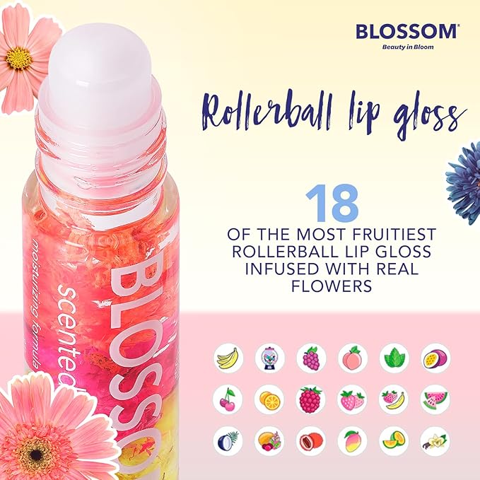 Blossom Scented Roll on Lip Gloss, Infused with Real Flowers, Made in USA, 0.40 fl oz, 2 pack, Cherry/Coconut