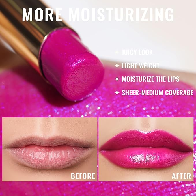 Oulac Moisture Pink Purple Lipstick - 2 in 1 Shimmer Lipstick & Lip Balm, Juicy & Glossy Finish, Long Lasting Hydrating, Smooth for Dry, Cracked and Chapped Lips, Vegan 2.2g/0.07oz (S02)