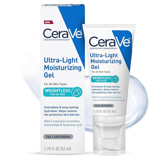 CeraVe Ultra-Light Moisturizing Gel, Hydrating Gel Face Moisturizer with Ceramides, Niacinamide, Hyaluronic Acid, Fragrance Free, Oil-Free, Weightless Mattifying Moisturizer, 1.75 FL Oz