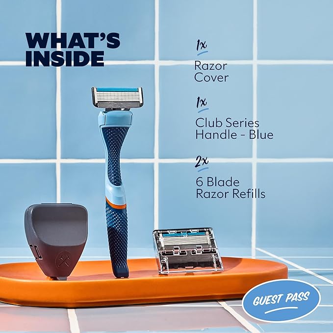 Dollar Shave Club | The Guest Pass Shave Set | 2 Extra Close Refill Cartridges, 1 Handle (Blue), 1 Razor Cover