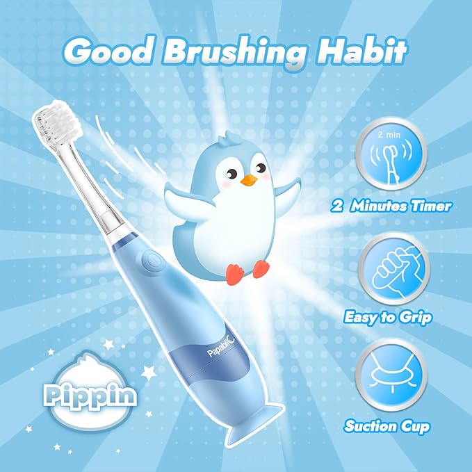 Papablic Toddler Sonic Electric Kids Toothbrush for Ages 1-3 Years, Baby Electric Toothbrush with Cute Penguin Cover and Smart LED Timer, 2 Brush Heads (Pippin)