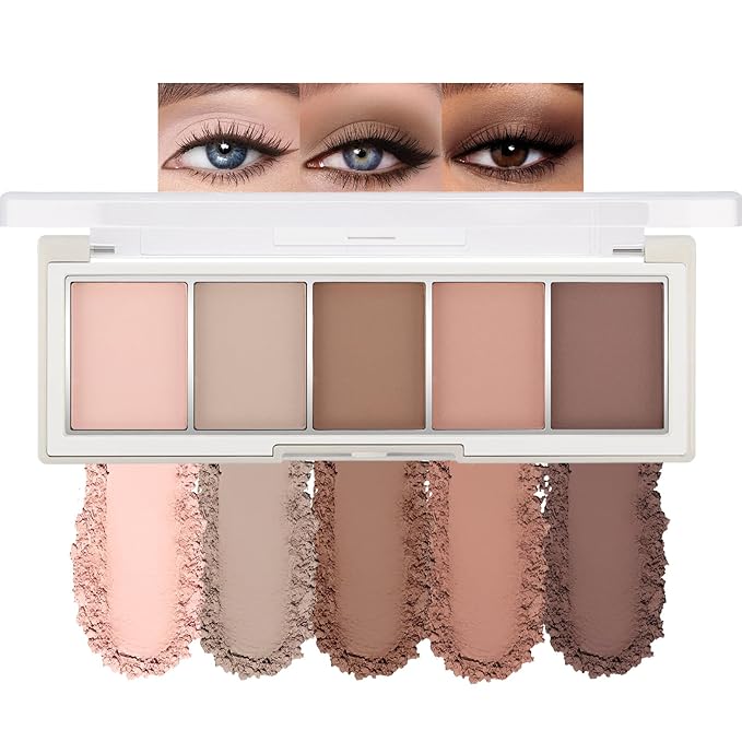 Erinde 5 Colors Matte Eyeshadow Palette Makeup, Neutral Nude Brown Light Brown Cool-Toned Taupe Eye Shadow, Long Wearing Waterproof Everyday Eye Makeup for Brown Eyes, 02
