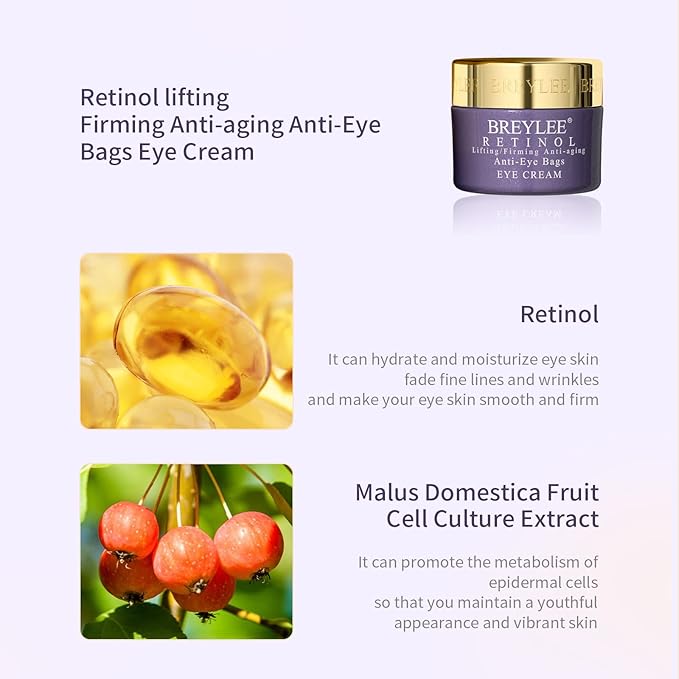 BREYLEE Retinol Eye Cream - Puffy Eyes and Dark Circles Treatments – Look Younger and Reduce Wrinkles and Fine Lines Undereye, Improve and Firm eye Skin - Pure Natural Material Extraction
