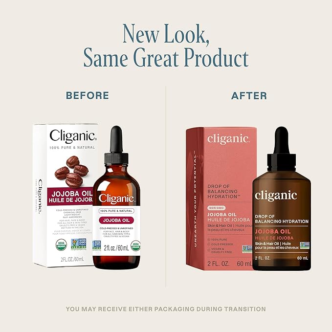 Cliganic Non-GMO Jojoba Oil for Skin, Hair & Face (2oz) | 100% Pure, Natural Cold Pressed Unrefined Hexane Free (Packaging May Vary)
