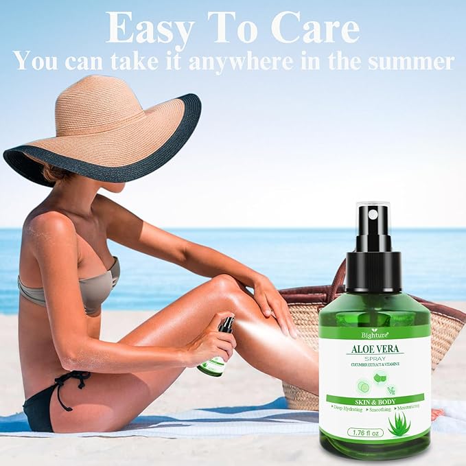Aloe Vera Spray for Whole Body Skin, Aoe Vera Spray Extract from Freshly Cut Aloe and Infused wirh Cucumber Essence，Fast Absorbing, Easy to Use, Travel Set, 1.73 oz