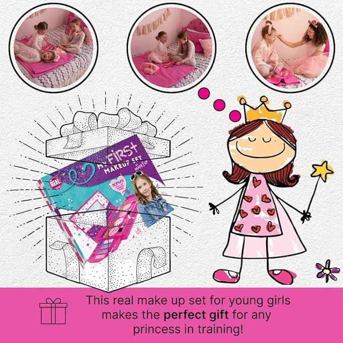My First Makeup Set for Young Girls I Kids Makeup Kit for Little Girls I Foldable Makeup Palette with Makeup Mirror I Pink Set Makeup for Kids Vanity I Original Design Washable Toddler Makeup Kit Gift