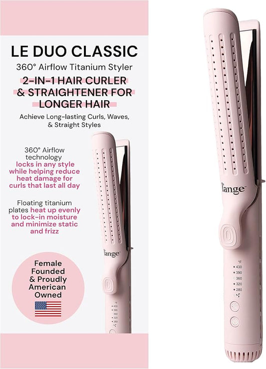 L'ANGE HAIR Le Duo Grande 360° Airflow Styler | 2-in-1 Curling Wand & Titanium Flat Iron Professional Hair Straightener and Curler with Cooling Air Vents to Lock in Style (Blush)