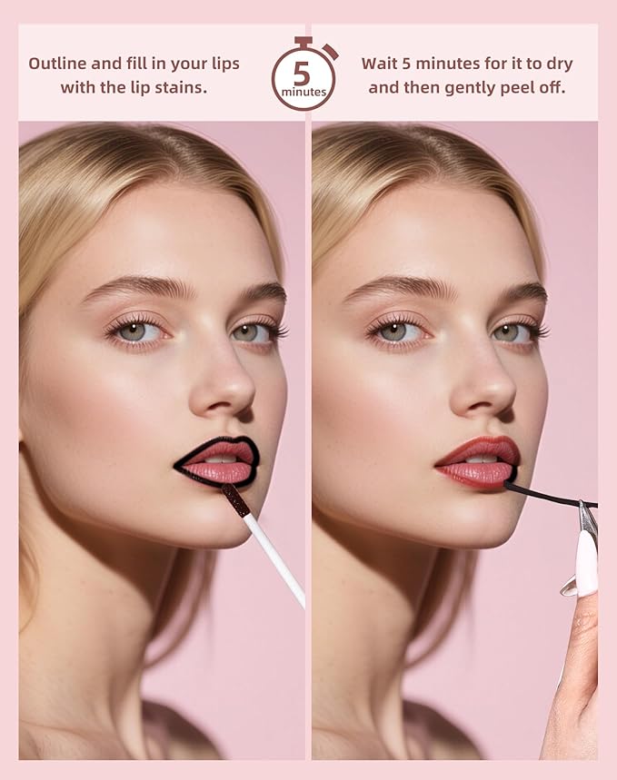 KIMUSE Peel Off Lip Stain, Long Lasting Lip Stain Peel Off with Tweezer, Waterproof Lip Liner Stain, Transfer-Proof, Highly Pigmented Color, Matte Finish