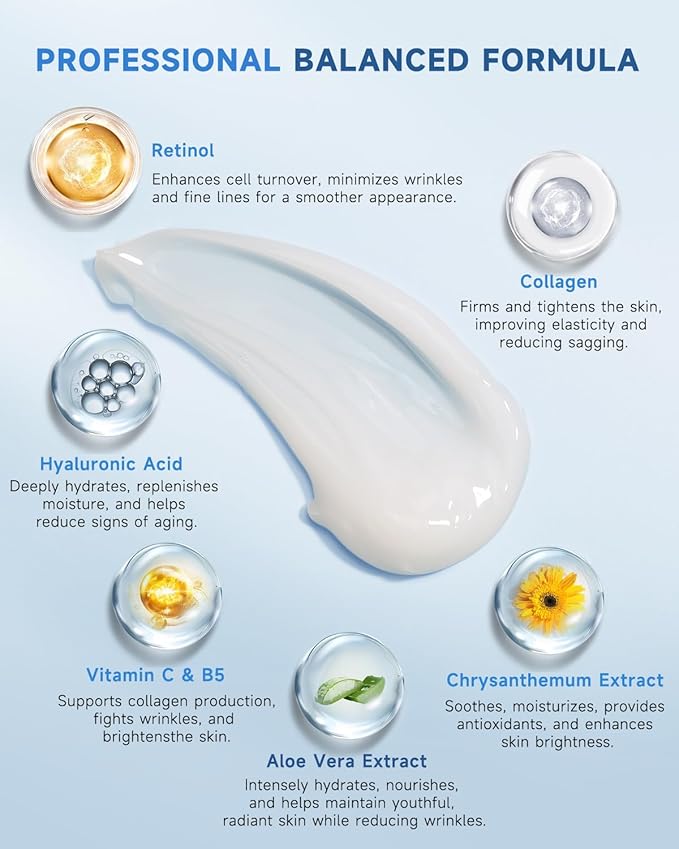 Retinol Cream for Face, Face Moisturizer with Collagen & Hyaluronic Acid, Anti Aging Neck Cream for Tightening Skin, Facial Creams Day & Night for Women and Men 2-Pack