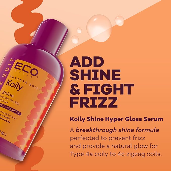 Eco Style, Texture Edit, Koily Shine Hyper Gloss Serum for Type 4 curly hair - A nourishing, sulfate-free rich oil that provides a natural glow and frizz control for kinky curly hair. 6 oz