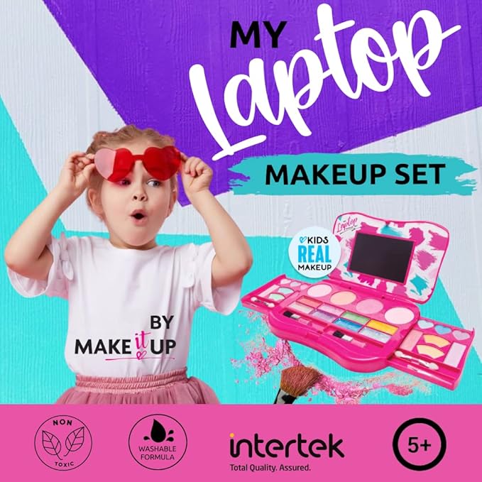 My First Makeup Set for Young Girls I Kids Makeup Kit for Little Girls I Foldable Makeup Palette with Makeup Mirror I Pink Set Makeup for Kids Vanity I Washable Laptop Design Toddler Makeup Kit Gift