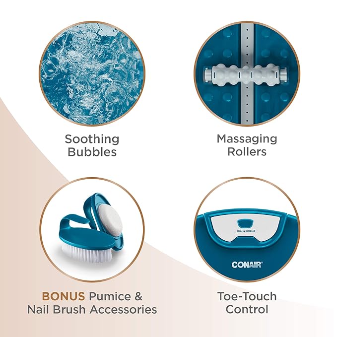 Conair Pedicure Foot Spa Bath with Heat reaching 104 Degrees, Massaging Foot Rollers, Soothing Bubbles, Pumice Stone and Nail Brush Included