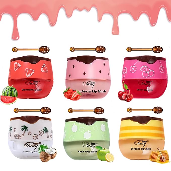 6PCS Bee Lip Balm Honey Pot，Honey&Strawberry&Watermelon&Cherry&Apple&Coconut
