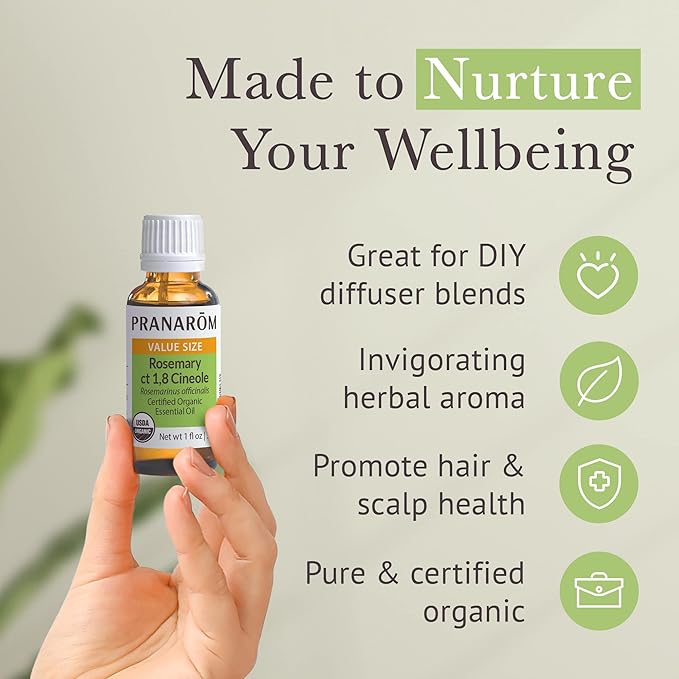 Pranarom USDA Certified Organic Rosemary Cineole Essential Oil (30ml), 100% Pure Undiluted Therapeutic Grade from Tunisia for Aromatherapy, Diffuser, Meditation, Massage, Relaxation