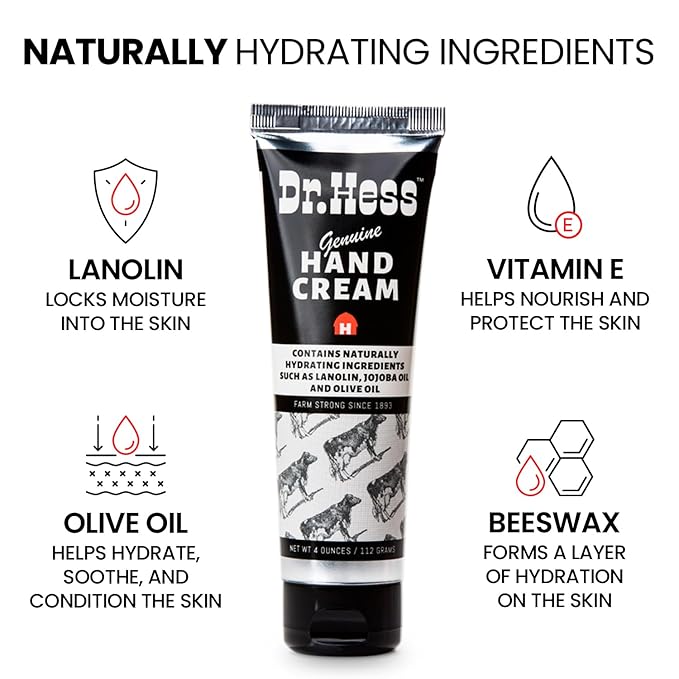 Dr. Hess Genuine Hand Cream, Nourishing & Softening Lotion for Dry, Cracked Hands & Heels, Eczema Relief, with Lanolin, Beeswax, Olive Oil & Vitamin E, Cruelty-Free, Paraben & Sulfate-Free, 4 oz
