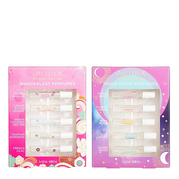 Pacifica Beauty Wanderlust & Moon Moods Perfume Set, Travel Fragrances, Island Vanilla, French Lilac, Clean Vegan Perfume, 0.05 fl oz Each (Set of 10)