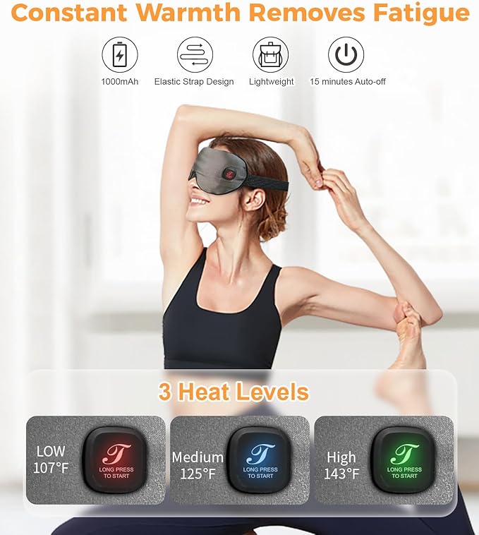 Heated Eye Mask for Dry Eyes, Cordless Warm Eye Compress, Styes, Blepharitis, 1000mAh, 3 Heat Levels, Electric, Light-Blocking, Washable Cover, Travel (Gray)