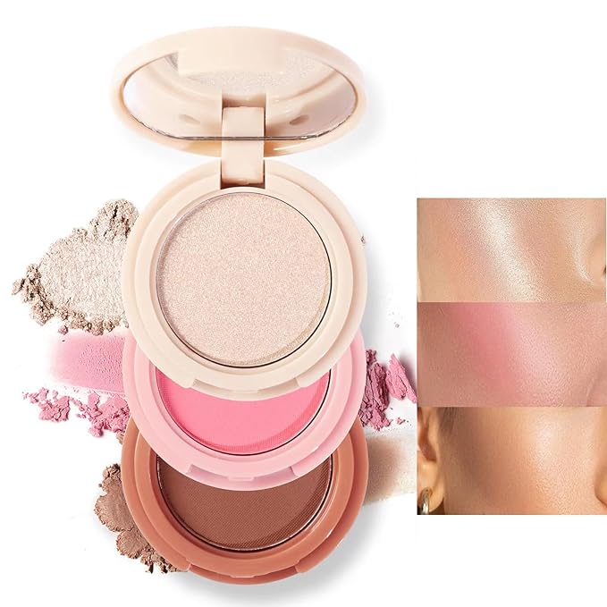 3-in-1 Blendable Trio, Contour and Highlight Blush Makeup Palette, Cream Bronzer, Silky Smooth Powder Blush, Shimmer Highlighter Makeup Powder, Pink Brown Eyeshadow Palette with Mirror(01)