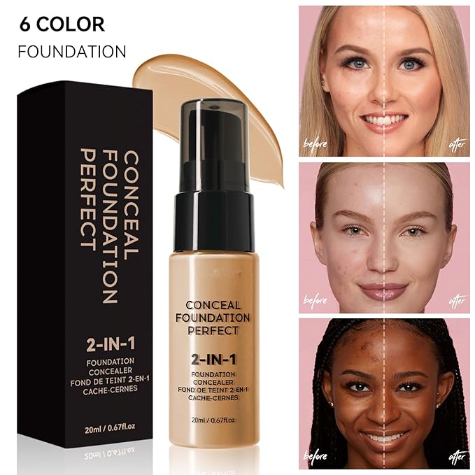 6 Colors Liquid Foundation Long-Lasting,Poreless Liquid Oil Concealer Foundation For All Skin Type,Waterproof & Sweat-Proof,Easy To Push Away,Flawless Finish Foundation,Balanced Skin Color