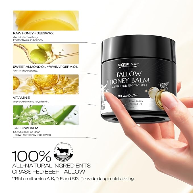 Beef Tallow for Skin: Tallow Honey Balm for Dry Skin - Organic Grass Fed Whipped Beef Tallow Moisturizer for Face Body at Home Travel 2Oz