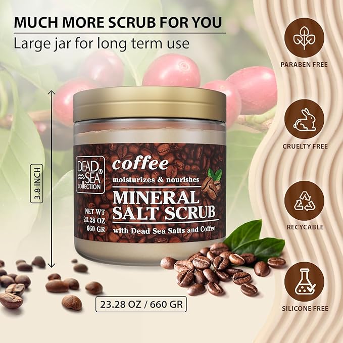 Dead Sea Collection Coffee Scented Salt Body Scrub - Large 23.28 OZ - with Pure Oils and Dead Sea Minerals
