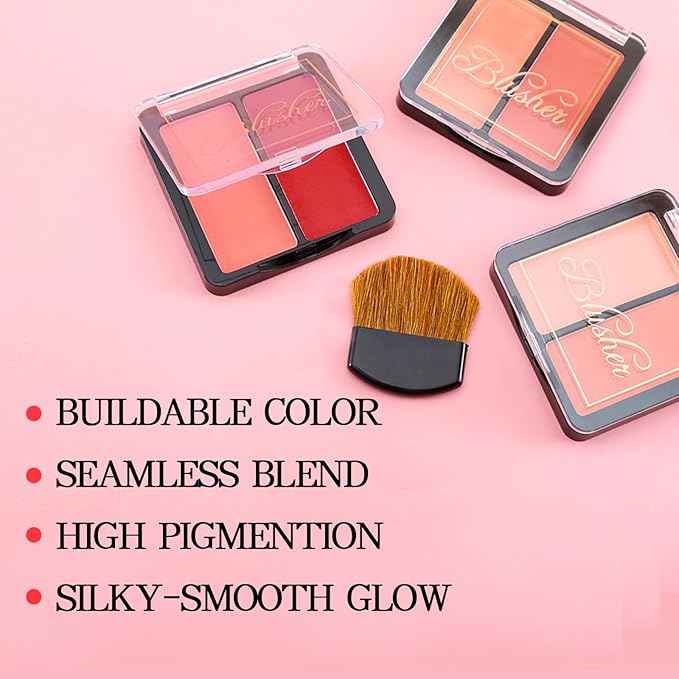 2 Colors Matte Blush Palette with Brush,Pink Blush Blusher,Highly Pigmented