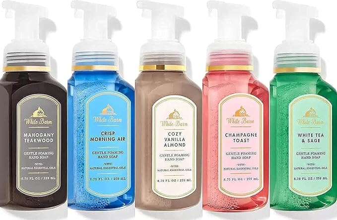 Bath and Body Works Gentle Foaming Hand Soap Kitchen Basics - Cozy Vanilla Almond, Crisp Morning Air, Mahogany Teakwood, Champagne Toast, White Tea and Sage, 8.75, Pack of 5