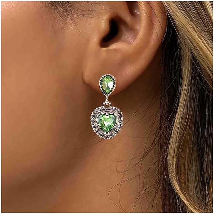 Vintage Emerald Heart Earrings Emerald Cz Teardrop Earrings Rhinestone Heart Drop Earrings Green Gemstone Stud Earrings Jewelry for Women(Green)