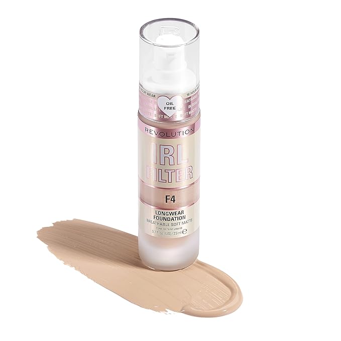 Revolution Beauty, IRL Filter Longwear Foundation, Soft & Breathable Formula, Medium to Full Coverage, Matte Finish, F4, 0.7 Fl. Oz