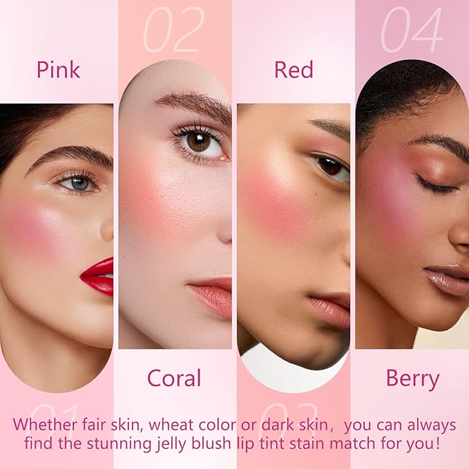 2Pcs Water Jelly Tint Blush,Jelly Blush Lip Cheek Coral+#04 Berry