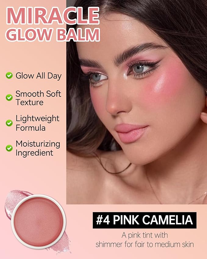 Multi Glow Balm,Miracle Glow Balm Tinted Face Creamy Blush for Women Cheek Lip Eye,Hydrating Lightweight & Blendable Color,Shimmer Blusher Facial Makeup, Mother's Day Gift for Women-04 Pink Camellia