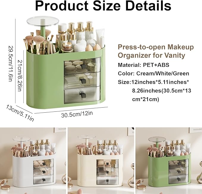 DASITON Makeup Organizer with 3 Drawers,Automatic Lifting Makeup Brush Holder with Lid,Large Capacity Makeup Organizers for Vanity,Bathroom Countertop,Ideal Storage Skin Care,Brushes,Lipstick (Green)