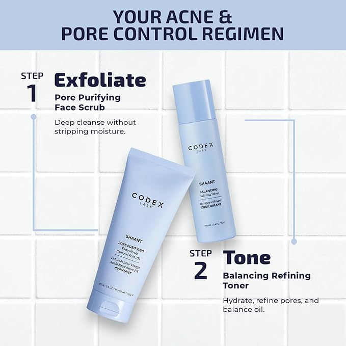 Codex Labs Shaant Deep Cleanse & Tone Kit, Pore Purifying Scrub (100g) & Refining Toner (100ml) - Oil Control & Pore Minimizer - for Acne Prone Skin - with 2% Salicylic Acid, 2% Gluconolactone (PHA)
