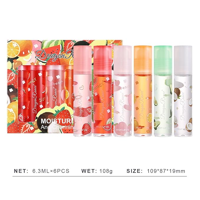 6 Pcs Fruit Lip Oil, Hydrating Lip Glow Hydrating