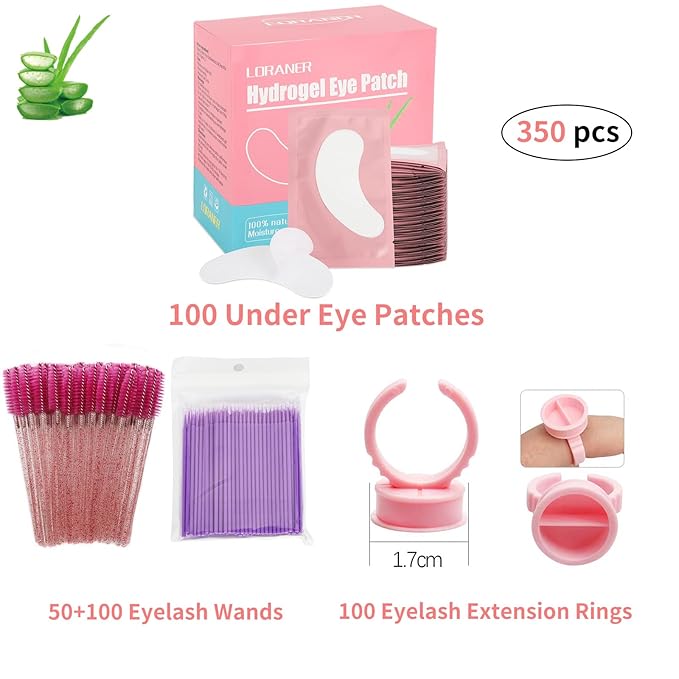 350 PCS Under Eye Gel Pads,Eyelash Mascara Brushes,Holder Eyelash Extension Rings - 100% Naturel Lint Free,Comfy and Cool,Eyelash Extension Eye Pads,Hydro gel Eye Patches Beauty Tool(Pink)