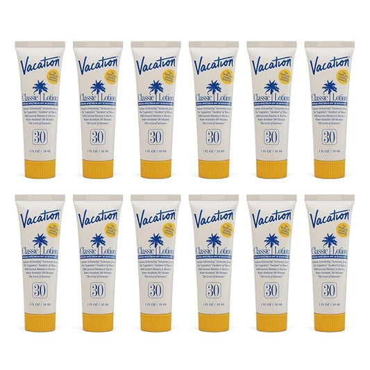 Vacation Mini Classic Sunscreen SPF 30, Water-Resistant, Bulk Suntan Lotion, Bachelorette Party Favors, Beach Must Haves, Traveling Essentials, Travel Size, 1 Fl. Oz. (Value Pack of 12)