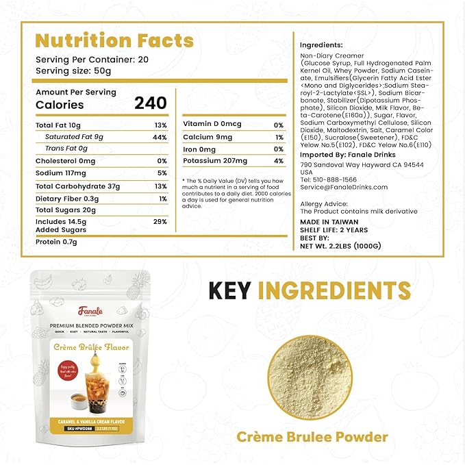Fanale Premium Creme Brulee Bubble Tea Flavoring Powder | Perfect for Baking, Smoothies, Desserts and Drinks | Instant Flavoring Powder for Boba Milk Tea - 2.2 Pounds (Pack of 20).