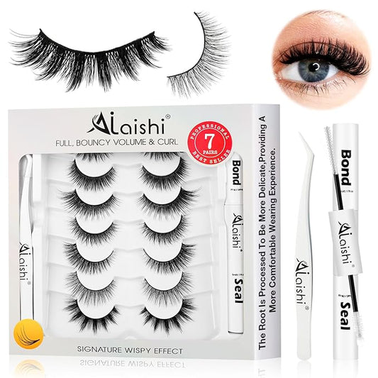 Wispy False Eyelashes Kit With Bond, Seal and Tweezer, 7 Pairs Natural Look Fake Cat Eye Lashes Strips Thin Band Extensions Waterproof Easy Eyelashes for Beginners RQ7Variety Mix