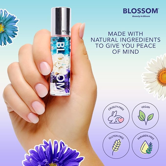Blossom Roll on Lip Gloss, Scented Clear High Shine Moisturizing Lip Oil, Non Sticky, Infused with Real Flowers, Made in USA, 0.2oz, Raspberry