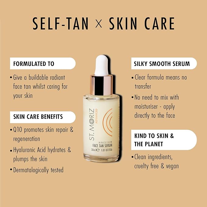 St Moriz Advanced Miracle Glow Face Tanner Serum - Hydrating Self Tan Face Serum, 30ml - With Q10 & Hyaluronic Acid - Natural Sunless Radiant Glow & Gradual Face Self Tanner - Dermatologically Tested