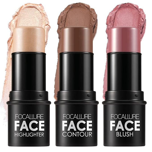 FOCALLURE 3 Pcs Cream Contour Sticks,Shades with Highlighter Finishing Makeup,TAN