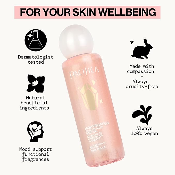 Pacifica Rose Quartz Body Oil – High Vibration Hydrating Body Oil with Natural Plant Oils & Rose Quartz Crystals, Moisturizing & Nourishing, Vegan & Cruelty-Free, Clean Beauty, Floral Scent, 4 oz