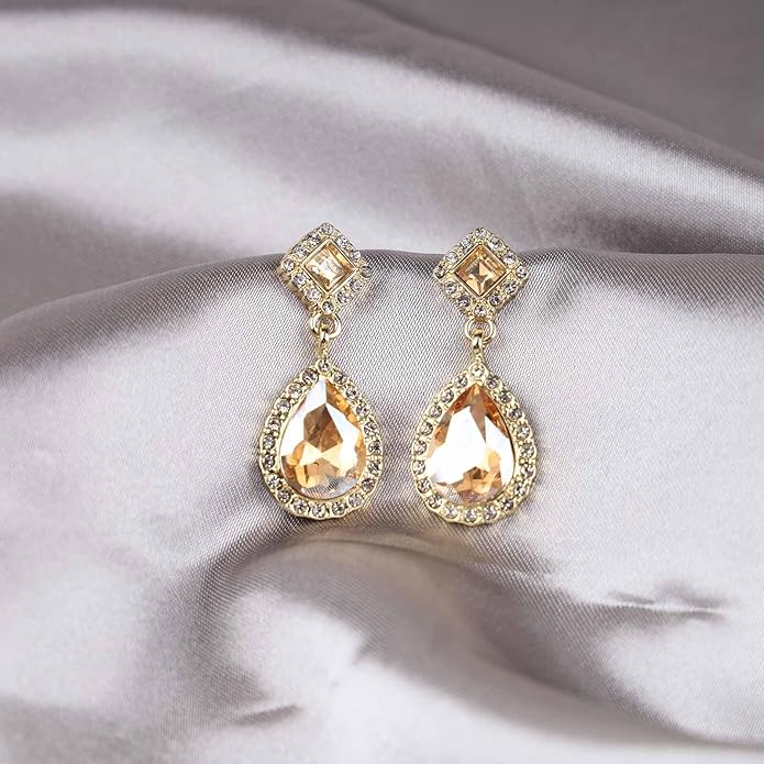 Vintage Crystal Teardrop Earrings Rhinestone Drop Earrings Sparkly Cz Teardrop Dangle Earrings Gold Square Gem Stud Earrings Jewelry for Women