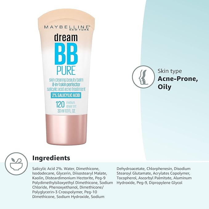Maybelline Dream Pure Skin Clearing BB Cream, 8-in-1 Skin Perfecting Beauty Balm With 2% Salicylic Acid, Sheer Tint Coverage, Oil-Free, Medium, 1 Count