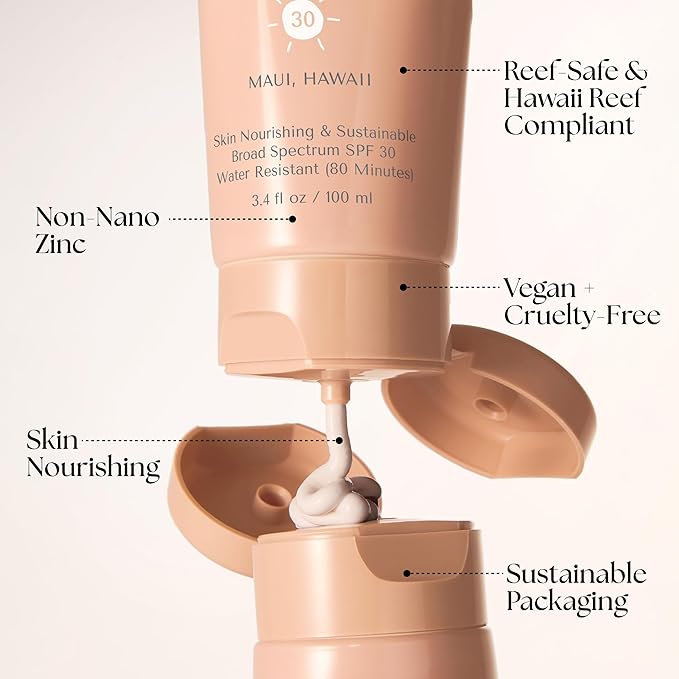 SPF 30 Mineral Sunscreen - Reef Friendly, Ocean Safe, Vegan Sunscreen Lotion for All Ages, No White Residue, Water-Resistant, 3.4 fl oz