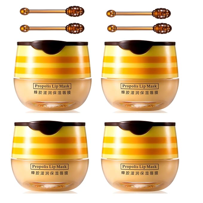 4 PCS Bee Lip Balm Honey Pot,Honey Lip Mask,Honey Propolis Lip Mask Moisturizing Moisture Nourishing Dry & Chapped Lips,Lip Care and Reduces Lip Lines,Lip Exfoliating