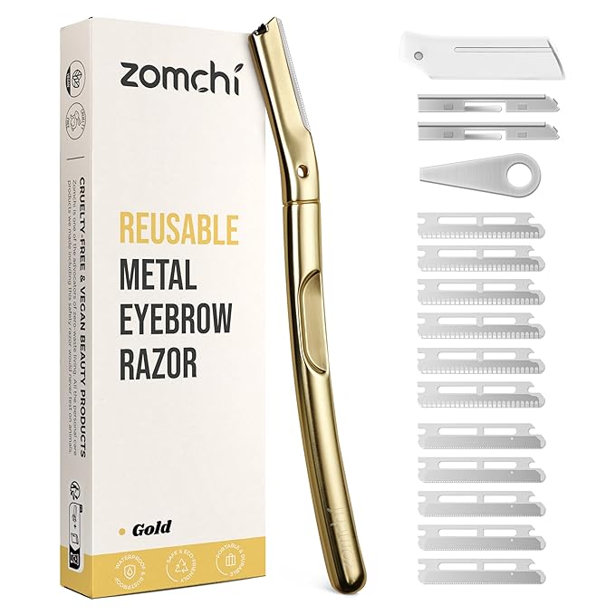 ZOMCHI Dermaplane Razor with 11 Blades for Women & Men, Eyebrow Trimmer with Protective Silicone Cap, Face Razor for Hair Removal - Matte Gold